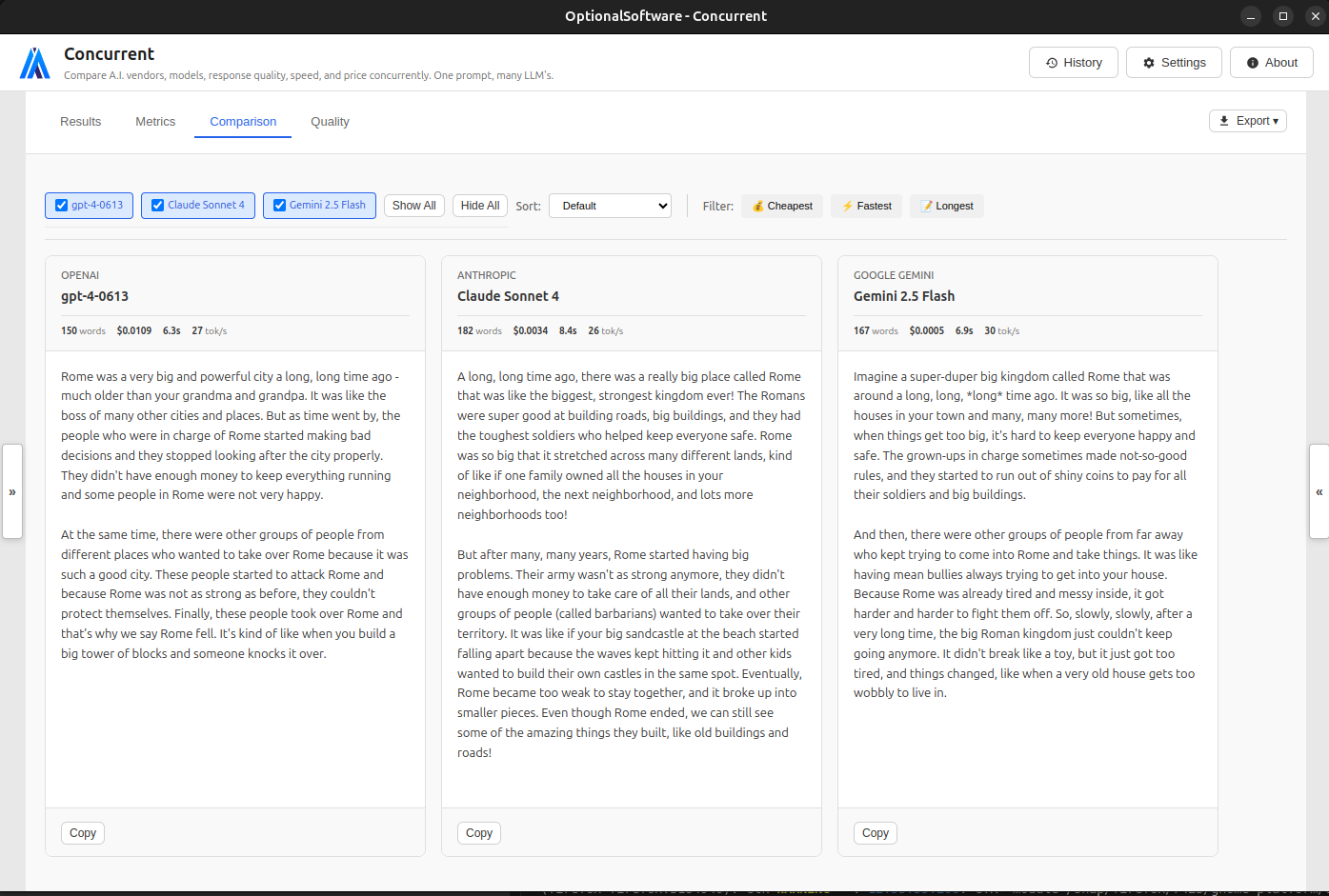 Concurrent AI Model Comparison Interface showing side-by-side results from multiple AI models