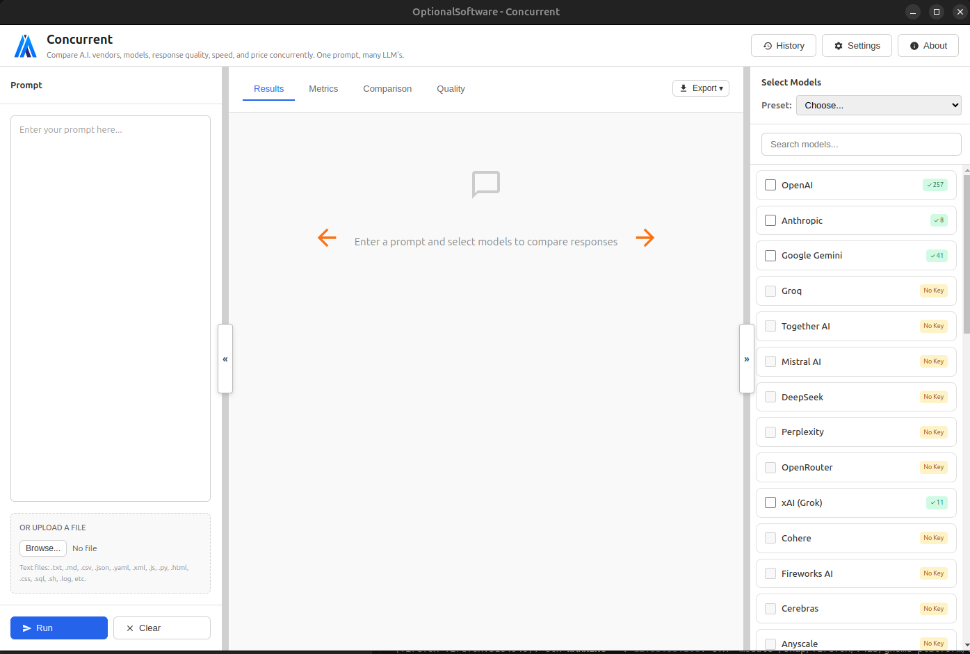 Concurrent application interface showing the initial screen where users can enter prompts and select AI models