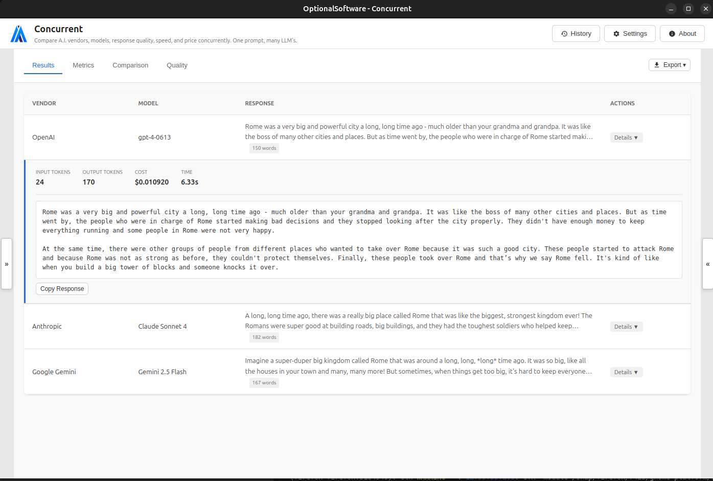 Concurrent Cost Analysis View showing pricing information for different AI models