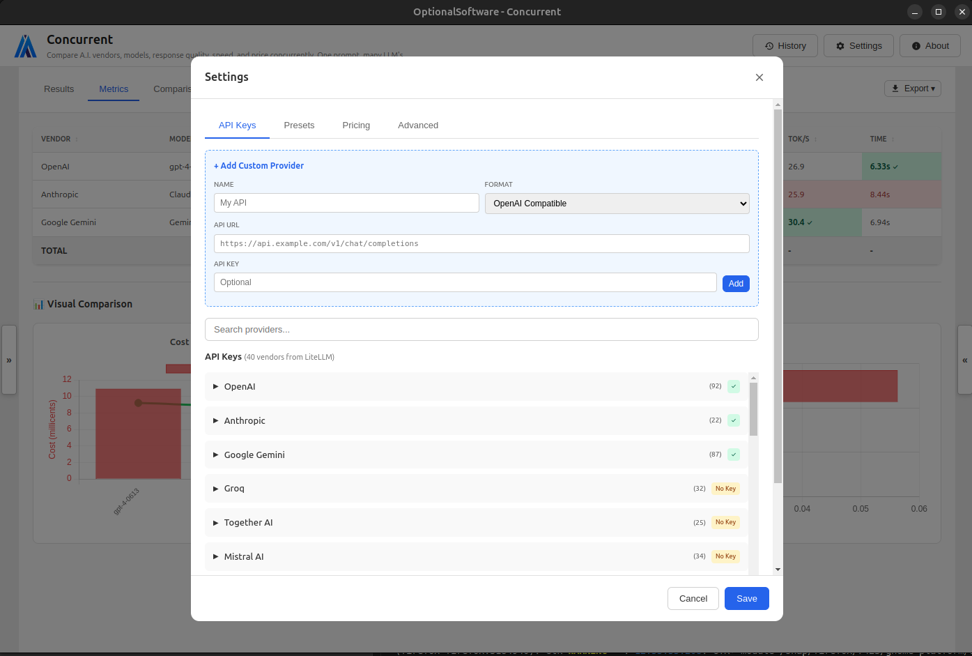 Concurrent Settings panel showing various AI model providers that can be configured